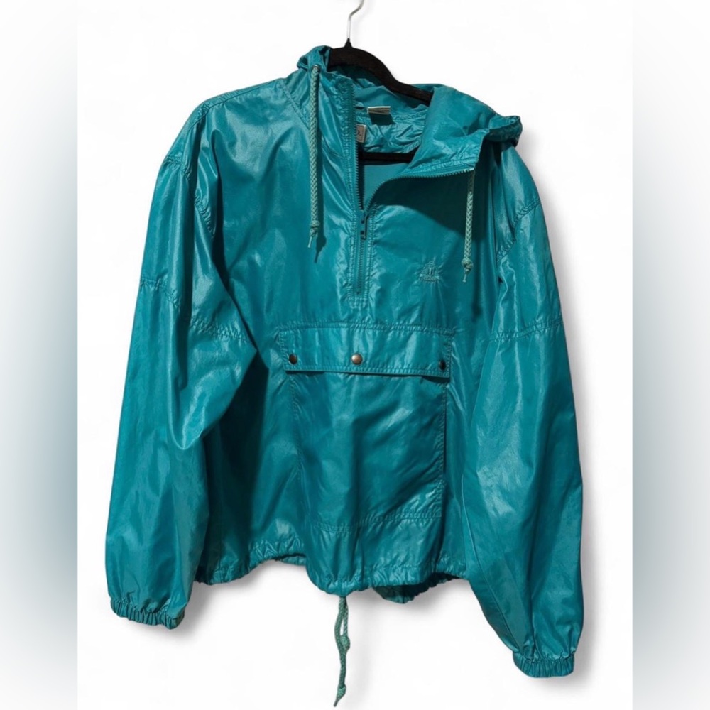 Vintage 90s IZOD teal Half Zip Windbreaker Pullover Hooded Jacket Size L Retro